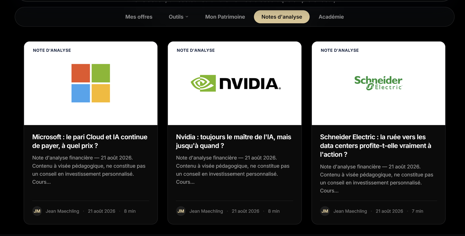 Capture d'écran des notes d'analyse financière GammaInvest déjà publiées