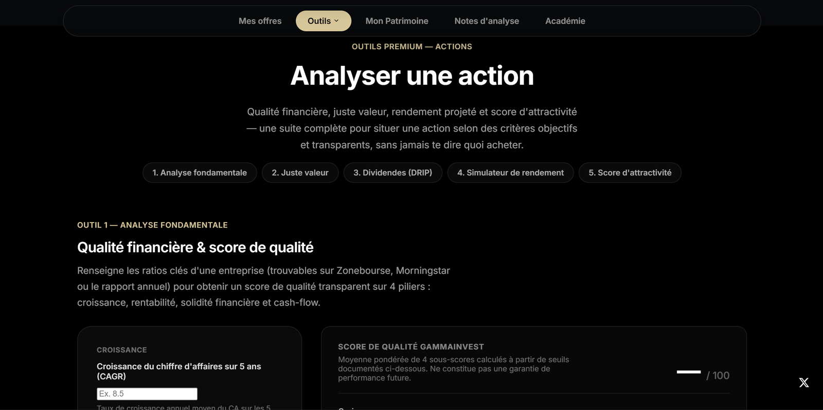 Capture d'écran d'un outil GammaInvest — analyse d'une action